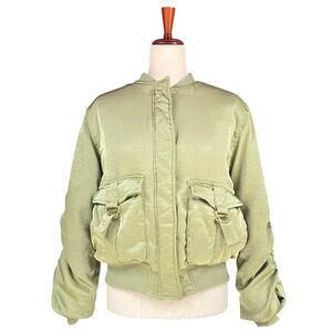HOUSE OF HARLOW 1960 Gina Satin Ruched-Sleeve Bomber Jacket in Sage Green Size S